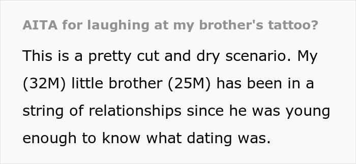Text detailing a sibling reaction to a brother's "Loyalty" tattoo, causing laughter and drama. Text detailing a sibling reaction to a brother's "Loyalty" tattoo, causing laughter and drama.