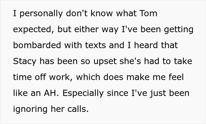 Text about maid of honor finding out why her boyfriend broke up, leading to emotional fallout and wedding drama.