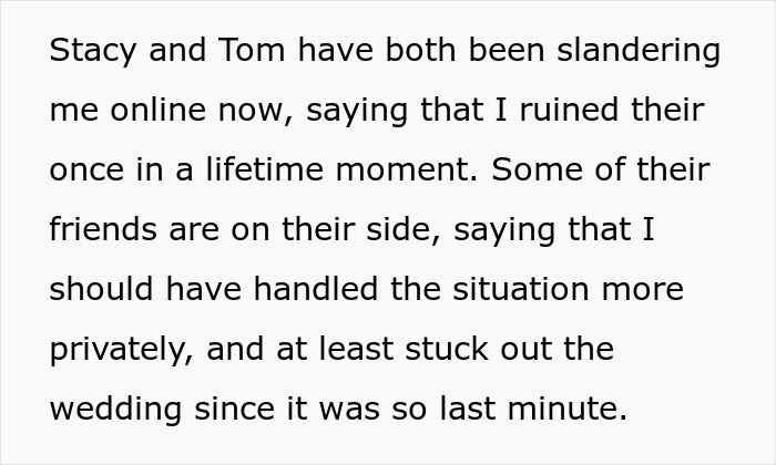 Text showing a message about being slandered online after walking out of best friend's wedding due to a breakup.