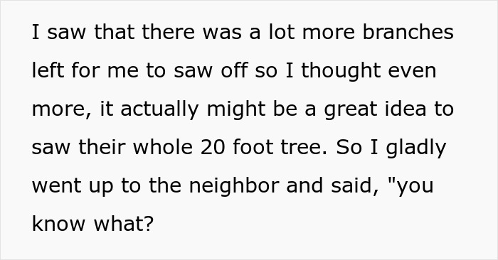 Person Maliciously Complies With Annoying Neighbor Who Kept Asking Them To Cut Down His Tree