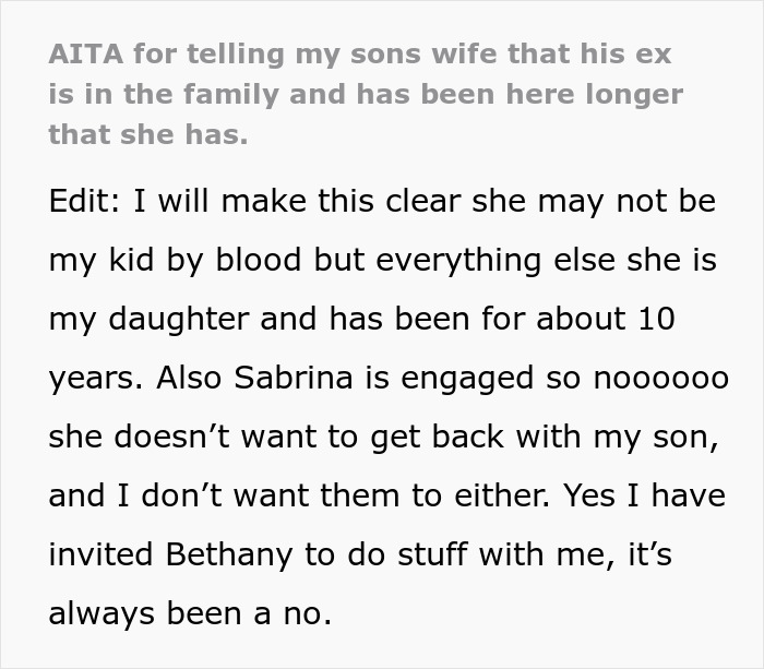 &ldquo;AITA For Telling My Son&rsquo;s Wife That His Ex Is In The Family And Has Been Here Longer Than She Has&rdquo;
