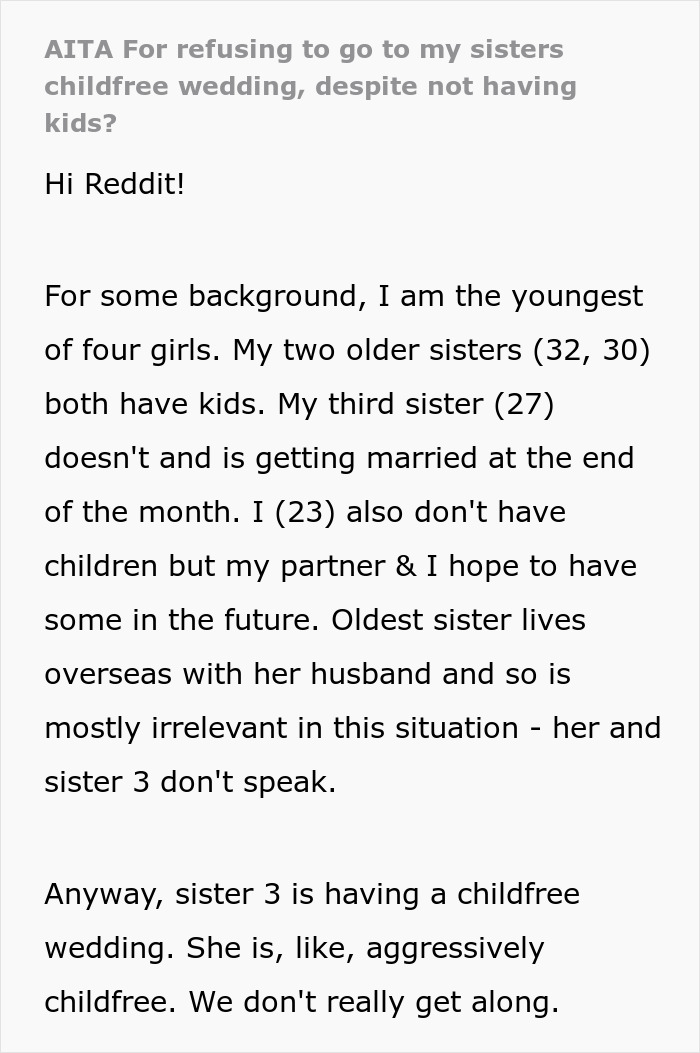 Woman Decides To Skip On Sister’s Child-Free Wedding And Be The Babysitter, Enraging The Bride Woman Decides To Skip On Sister’s Child-Free Wedding And Be The Babysitter, Enraging The Bride