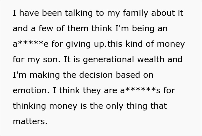 Text excerpt discussing a mother&rsquo;s emotional decision about her son&rsquo;s inheritance from rich grandparents and generational wealth.