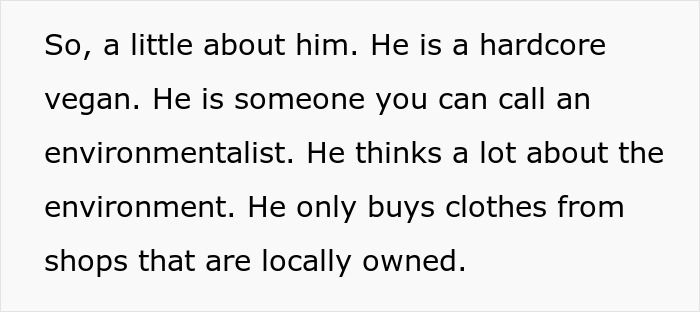 Text excerpt describing a vegan, environmentally-conscious man preferring locally-owned shops.