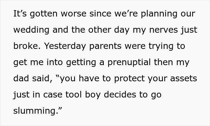 Text excerpt showing family tension over wedding plans and mentions prenuptial concerns about fianc&eacute;'s earnings.