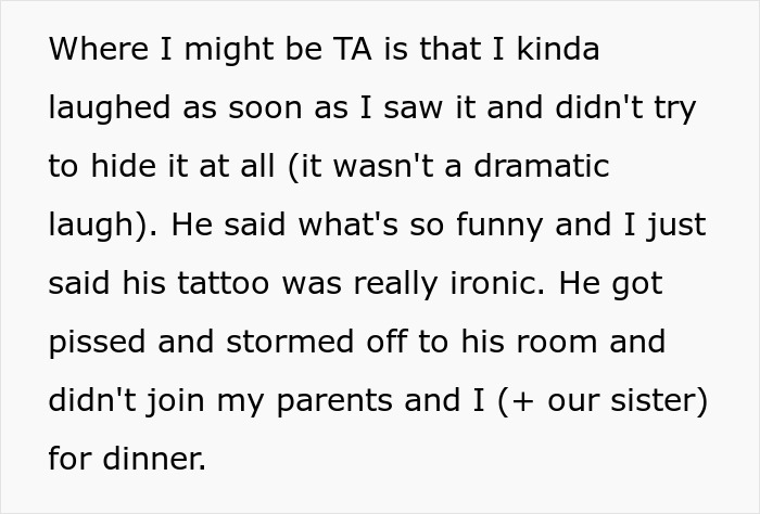 Text screenshot about sibling drama over a brother's 'Loyalty' tattoo and a sarcastic reaction. Text screenshot about sibling drama over a brother's 'Loyalty' tattoo and a sarcastic reaction.