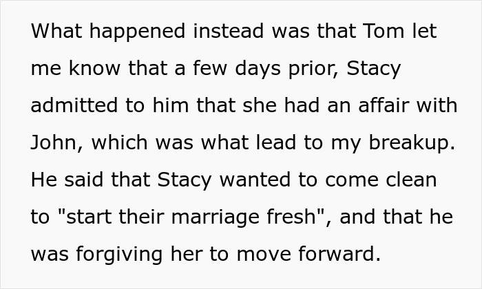 Text excerpt revealing maid of honor's boyfriend breakup reason involving affair, leading to walkout at wedding event.