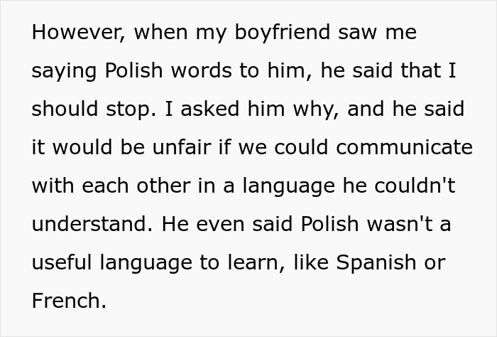 Woman continues speaking Polish to child, ignoring boyfriend&rsquo;s request, raising questions if she&rsquo;s a jerk in the relationship.