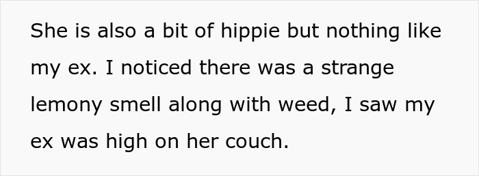 Text about a woman, her hippie lifestyle, and a situation involving ex, smells, and a couch.