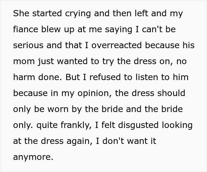 Woman's Fianc&eacute; Lets His Mom Try On Her Wedding Dress, Knowing She Would Be Livid, Drama Ensues
