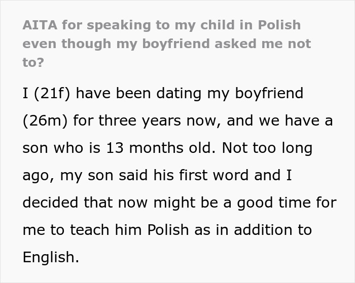 Woman continues speaking to child in Polish despite boyfriend&rsquo;s request, raising questions about being a jerk in the relationship.