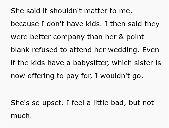Woman Decides To Skip On Sister’s Child-Free Wedding And Be The Babysitter, Enraging The Bride Woman Decides To Skip On Sister’s Child-Free Wedding And Be The Babysitter, Enraging The Bride