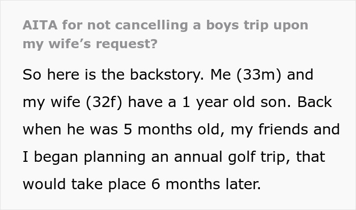 &ldquo;Am I The Jerk For Not Canceling A Boys Trip Upon My Wife&rsquo;s Request?&rdquo;