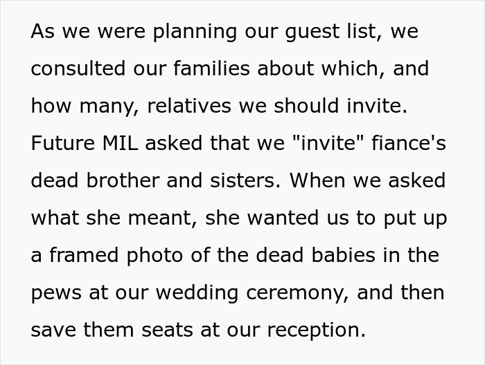Bride Refuses To Reserve Seats For MIL’s Miscarried And Stillborn Children At Her Wedding Bride Refuses To Reserve Seats For MIL’s Miscarried And Stillborn Children At Her Wedding