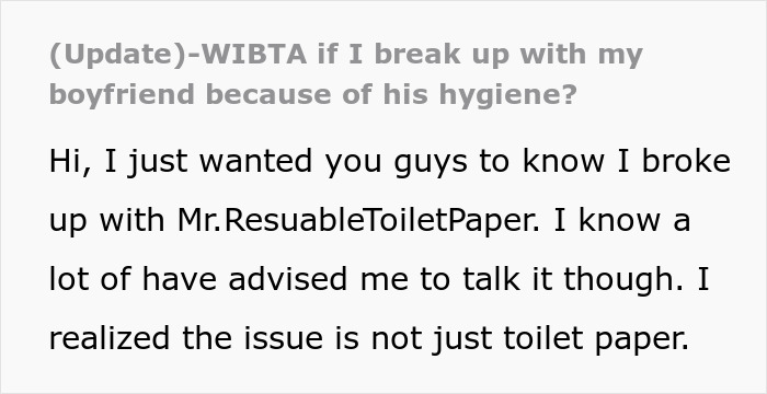Text about hygiene issues in a relationship, mentioning breakup and reusable toilet paper problem.