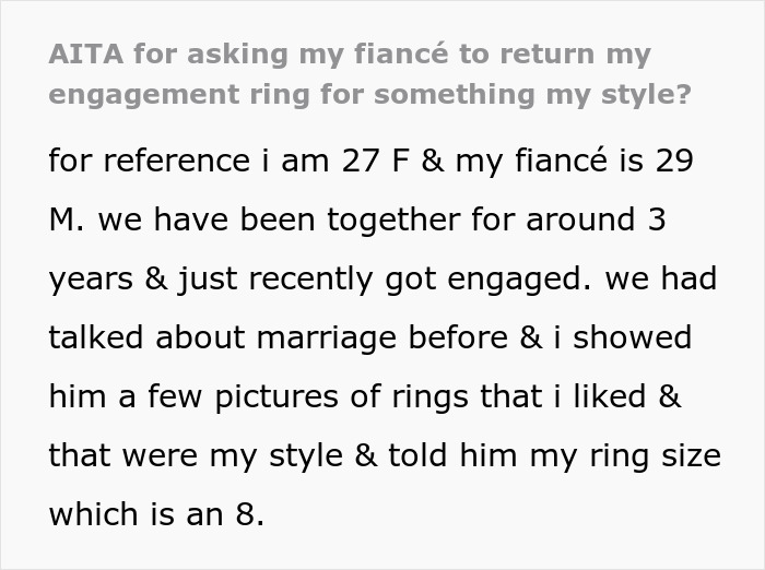 Guy Listens To His Mom’s Advice When Getting Proposal Ring, Instead Of Fiancée’s Detailed Requests Guy Listens To His Mom’s Advice When Getting Proposal Ring, Instead Of Fiancée’s Detailed Requests