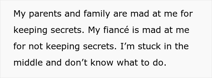 Text on a white background stating a family conflict over secrets causing tension between daughter and fianc&eacute;.