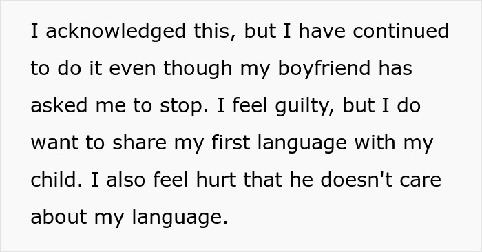 Text of a woman explaining she continues speaking Polish to her child despite boyfriend&rsquo;s request to stop, feeling guilty and hurt.