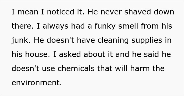 Text describing concerns about boyfriend's hygiene and lack of cleaning supplies.