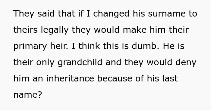 Text image showing a complaint about rich grandparents requiring a surname change for grandchild inheritance rights.