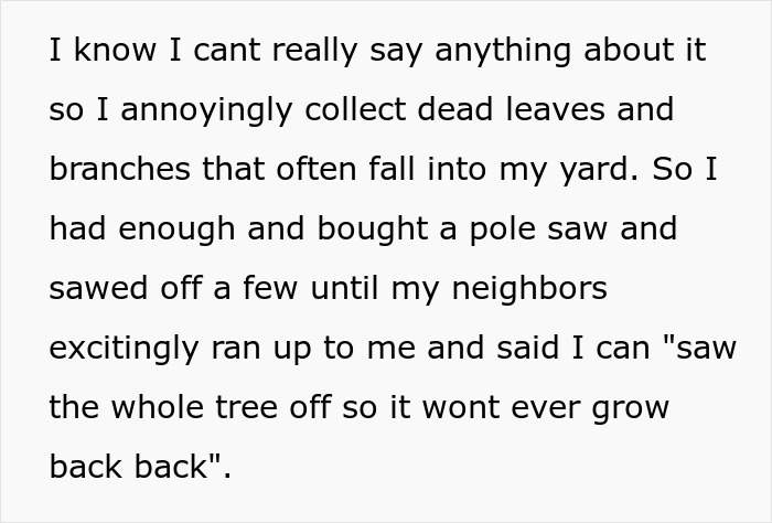 Person Maliciously Complies With Annoying Neighbor Who Kept Asking Them To Cut Down His Tree