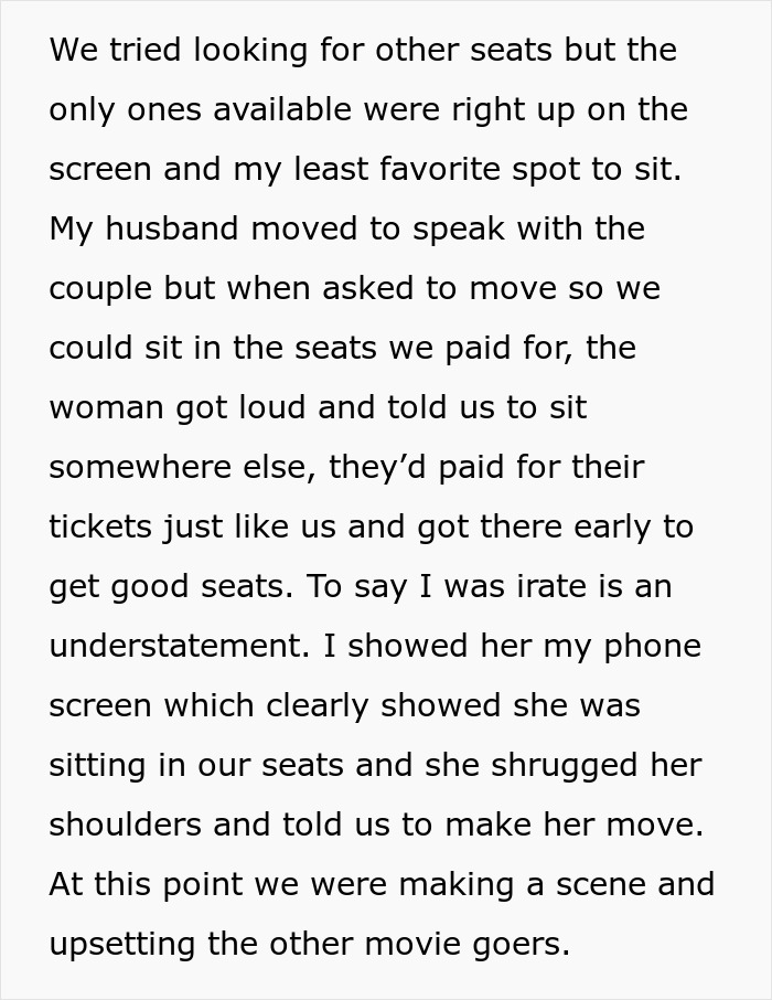 Couple Reserves Movie Theatre Seats, Finds Them Occupied By A Family With A Baby, Has None Of It Couple Reserves Movie Theatre Seats, Finds Them Occupied By A Family With A Baby, Has None Of It
