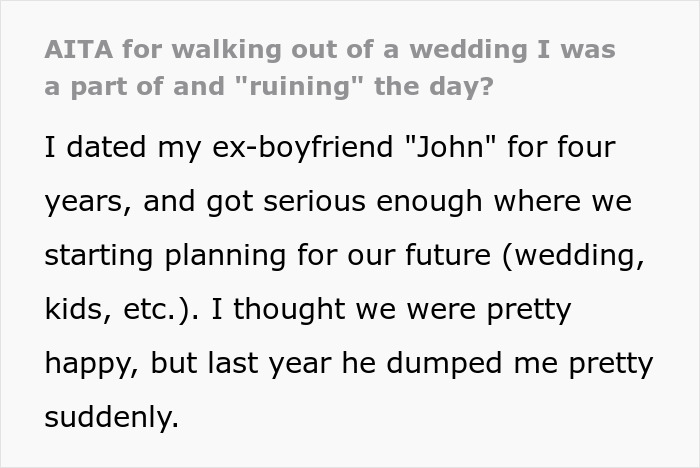 Text excerpt about maid of honor discovering why her boyfriend broke up and walking out of best friend's wedding.