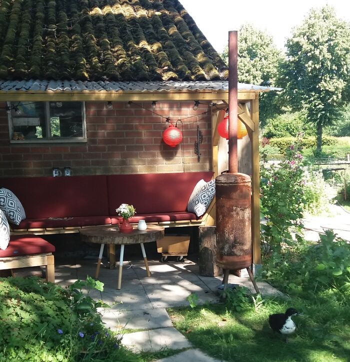 Selfmade Bench With A Little Roof And A Fireplace In My Backyard. Nice And Comfy Wen It Rains