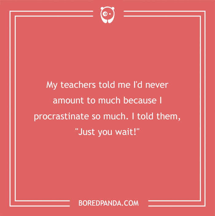 Clean joke about procrastination on a pink background with white text and a small owl icon. - 10