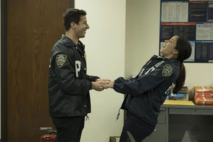 Jake Peralta and Rosa Diaz laughing