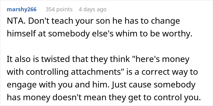 Comment discussing rich grandparents' inheritance control and a mom's disapproval of conditions placed on the grandchild.