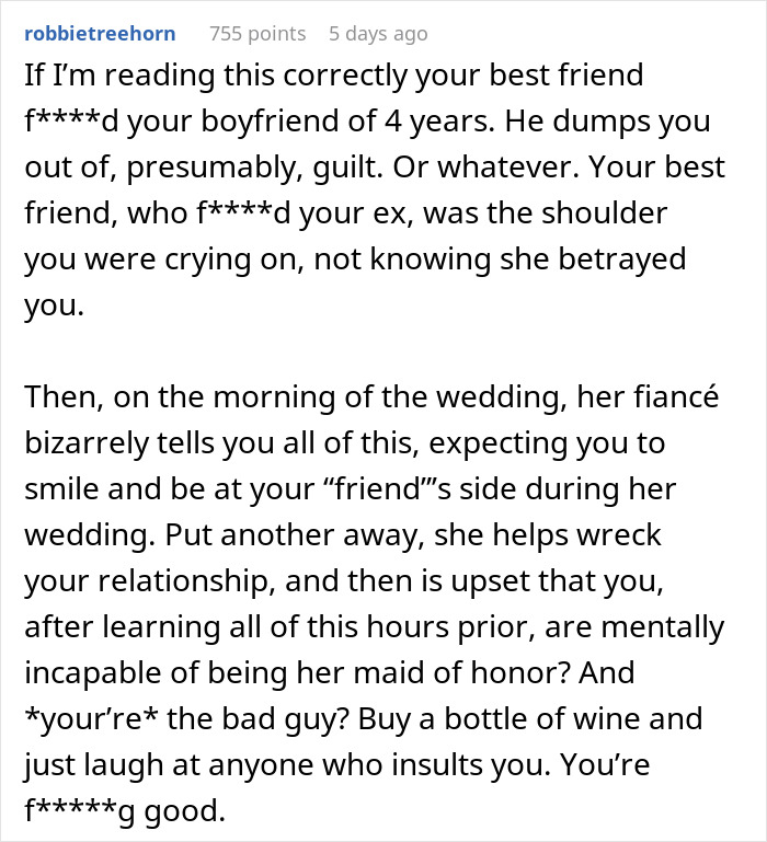 Text post describing betrayal between best friends and a breakup revealed on a wedding day, causing maid of honor to walk out.