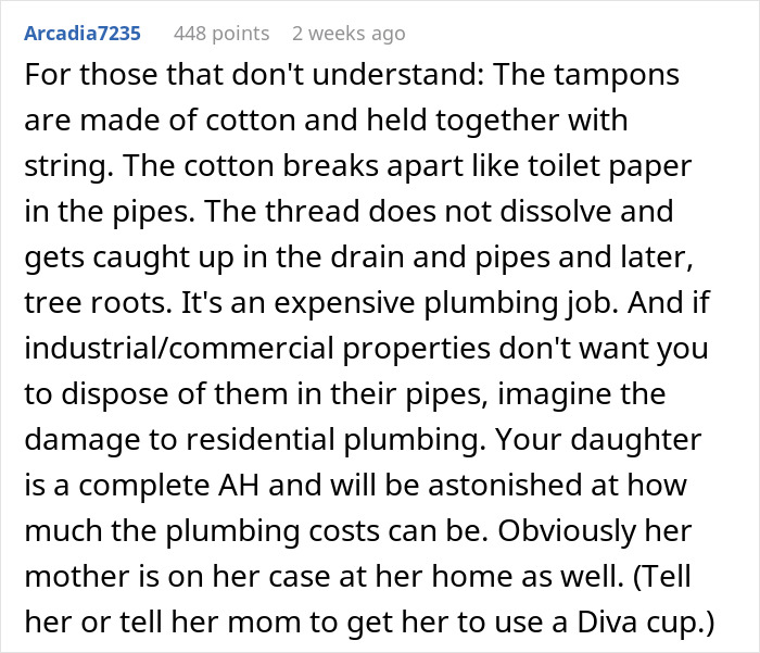 Dad Asks 19YO To Stop Flushing Tampons Down The Toilet Due To Possible Plumbing Issues, Drama Ensues Dad Asks 19YO To Stop Flushing Tampons Down The Toilet Due To Possible Plumbing Issues, Drama Ensues