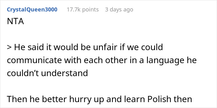 Screenshot of a Reddit comment discussing a woman continuing to speak Polish to their kid despite boyfriend&rsquo;s request.