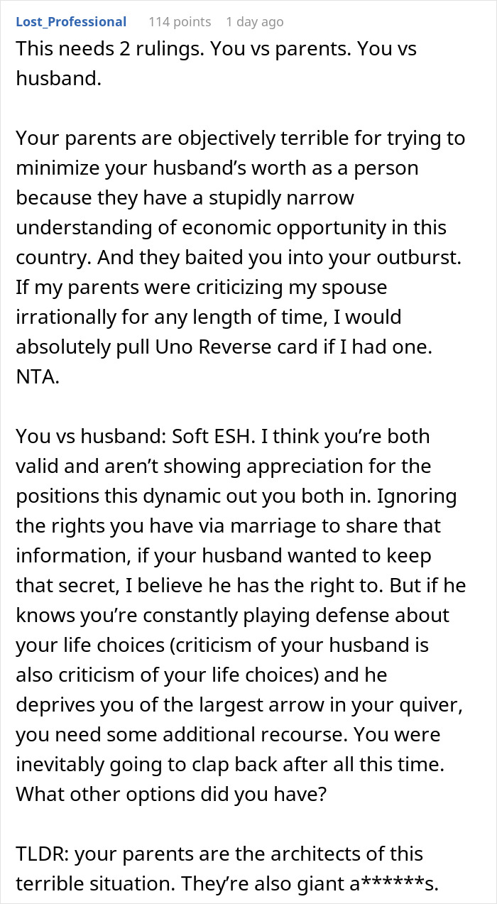 Comment discussing family rejecting daughter's fianc&eacute;, addressing earnings, parental criticism, and relationship tensions.