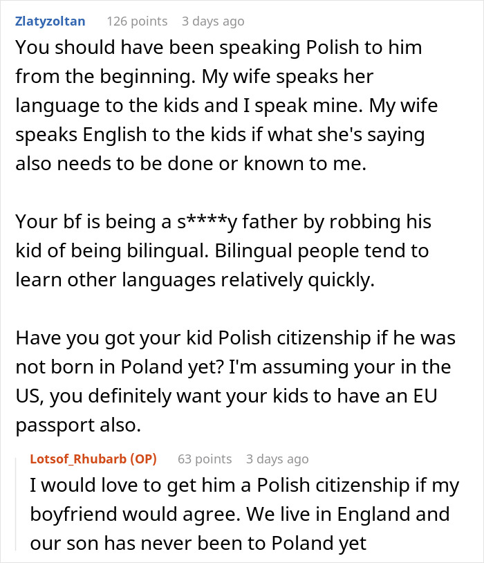 Comment discussing woman speaking Polish to their kid despite boyfriend&rsquo;s request, highlighting bilingual parenting conflict.