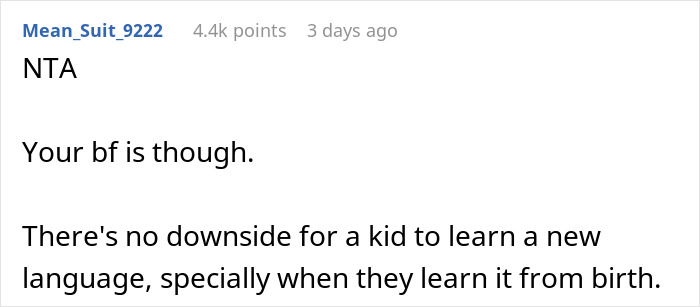 Screenshot of an online comment discussing a woman speaking Polish to her child despite her boyfriend's request.