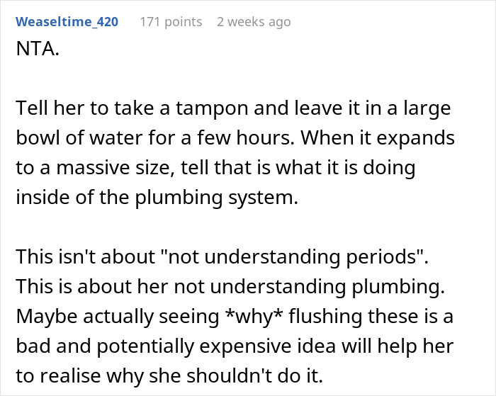Dad Asks 19YO To Stop Flushing Tampons Down The Toilet Due To Possible Plumbing Issues, Drama Ensues Dad Asks 19YO To Stop Flushing Tampons Down The Toilet Due To Possible Plumbing Issues, Drama Ensues