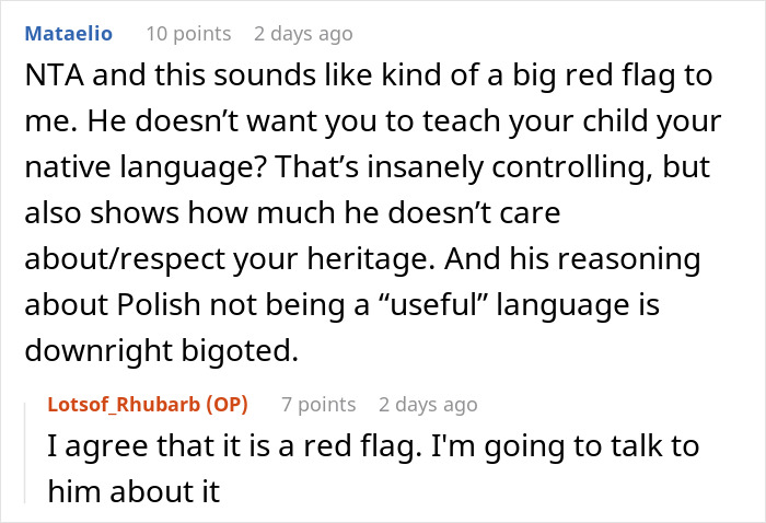 Screenshot of a Reddit conversation about a woman speaking Polish to her child despite boyfriend&rsquo;s request.