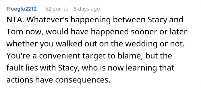 Reddit comment discussing maid of honor discovering why her boyfriend broke up and walking out of best friend's wedding.