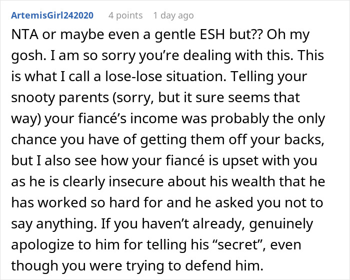 Comment discussing family rejection of daughter&rsquo;s fianc&eacute;, mentioning fianc&eacute;&rsquo;s income and related insecurities in a text post.