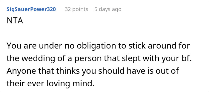 Comment explaining why maid of honor walks out of best friend's wedding after breakup revelations about boyfriend.