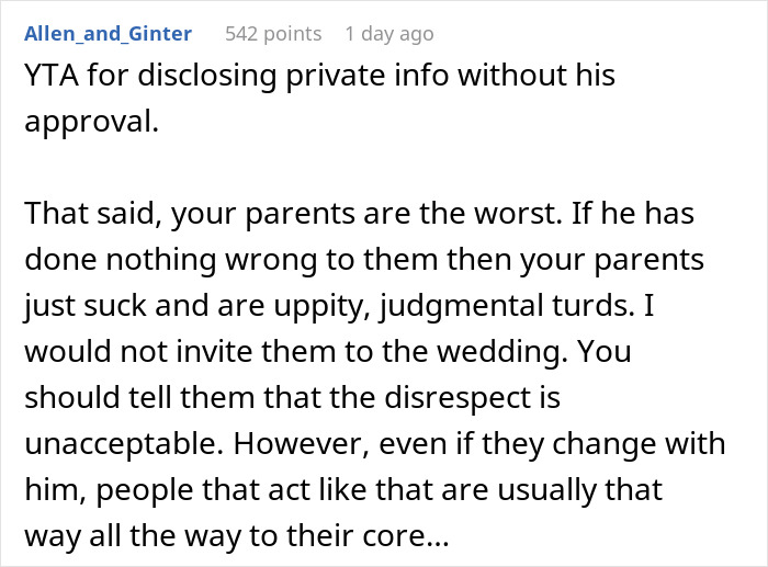 Reddit comment criticizing parents for rejecting daughter's fianc&eacute; and discussing revealing his earnings.
