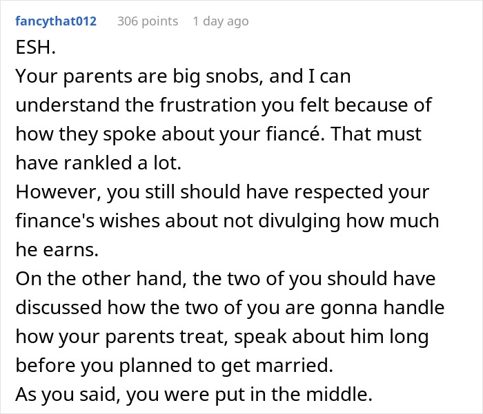 Comment discussing family rejection of daughter&rsquo;s fianc&eacute; and the impact of revealing his earnings on relationships.