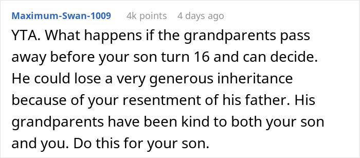 Comment discussing rich grandparents promising inheritance to grandchild, while mother resents conditions attached to it.