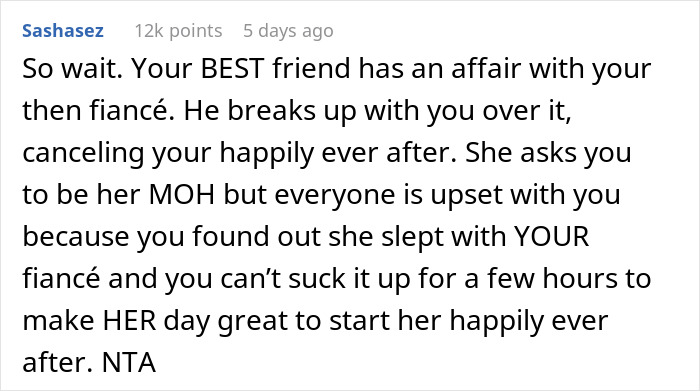 Text excerpt explaining maid of honor's heartbreak after discovering why her boyfriend broke up and her walkout at best friend's wedding.