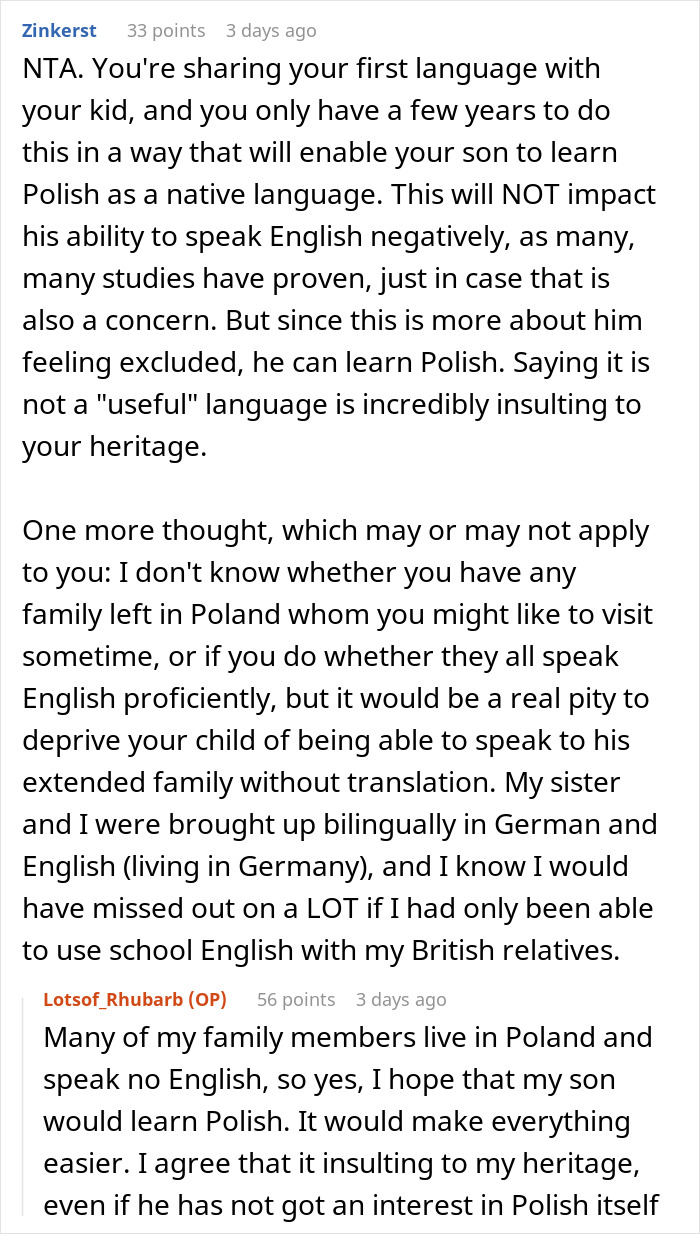 Reddit discussion about a woman speaking Polish to her kid despite boyfriend&rsquo;s request in a parenting context.