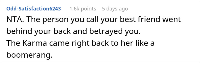 Screenshot of a user commenting on betrayal by a best friend and karma related to a maid of honor's breakup revelation.