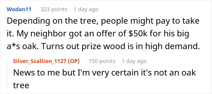 Person Maliciously Complies With Annoying Neighbor Who Kept Asking Them To Cut Down His Tree