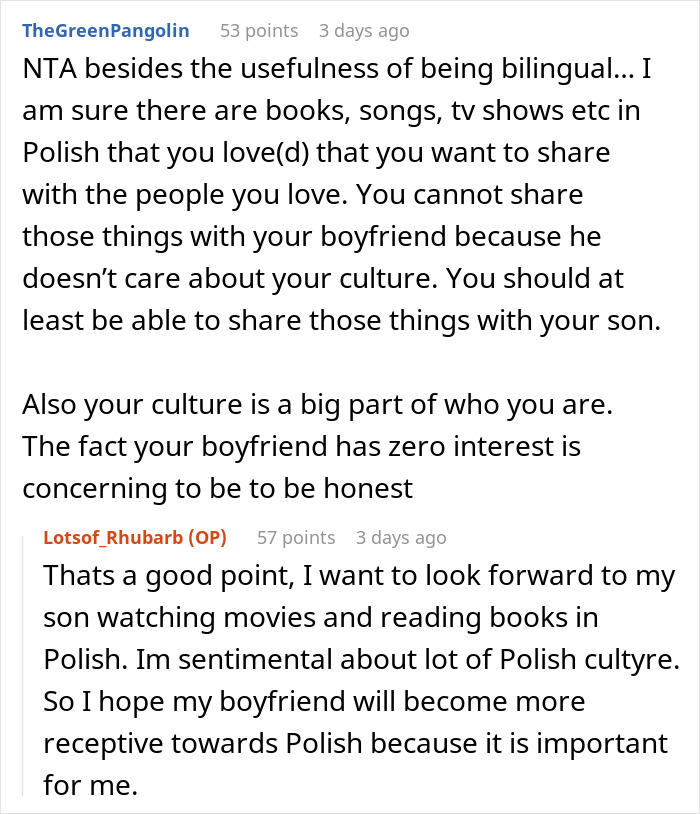 Reddit discussion on woman speaking Polish to her kid despite boyfriend&rsquo;s request, highlighting cultural importance and bilingualism.